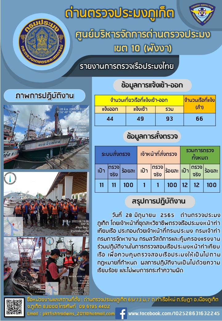 ประชาสัมพันธ์การปฏิบัติงานด้านการควบคุมการแจ้งเข้าออกเรือประมงไทยด่านตรวจประมงภูเก็ต วันที่ 28 มิถุนายน 2565..คลิก
