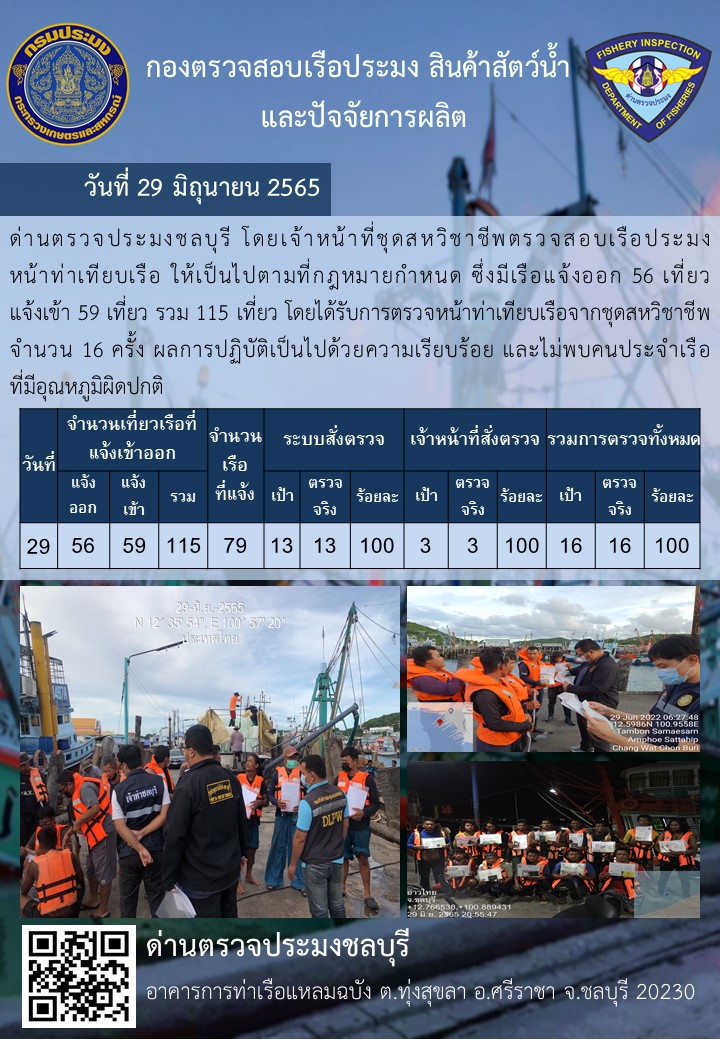 ารปฏิบัติงานของเจ้าหน้าที่ด่านตรวจประมงชลบุรีประจำวันที่ 29 มิถุนายน 2565..คลิก