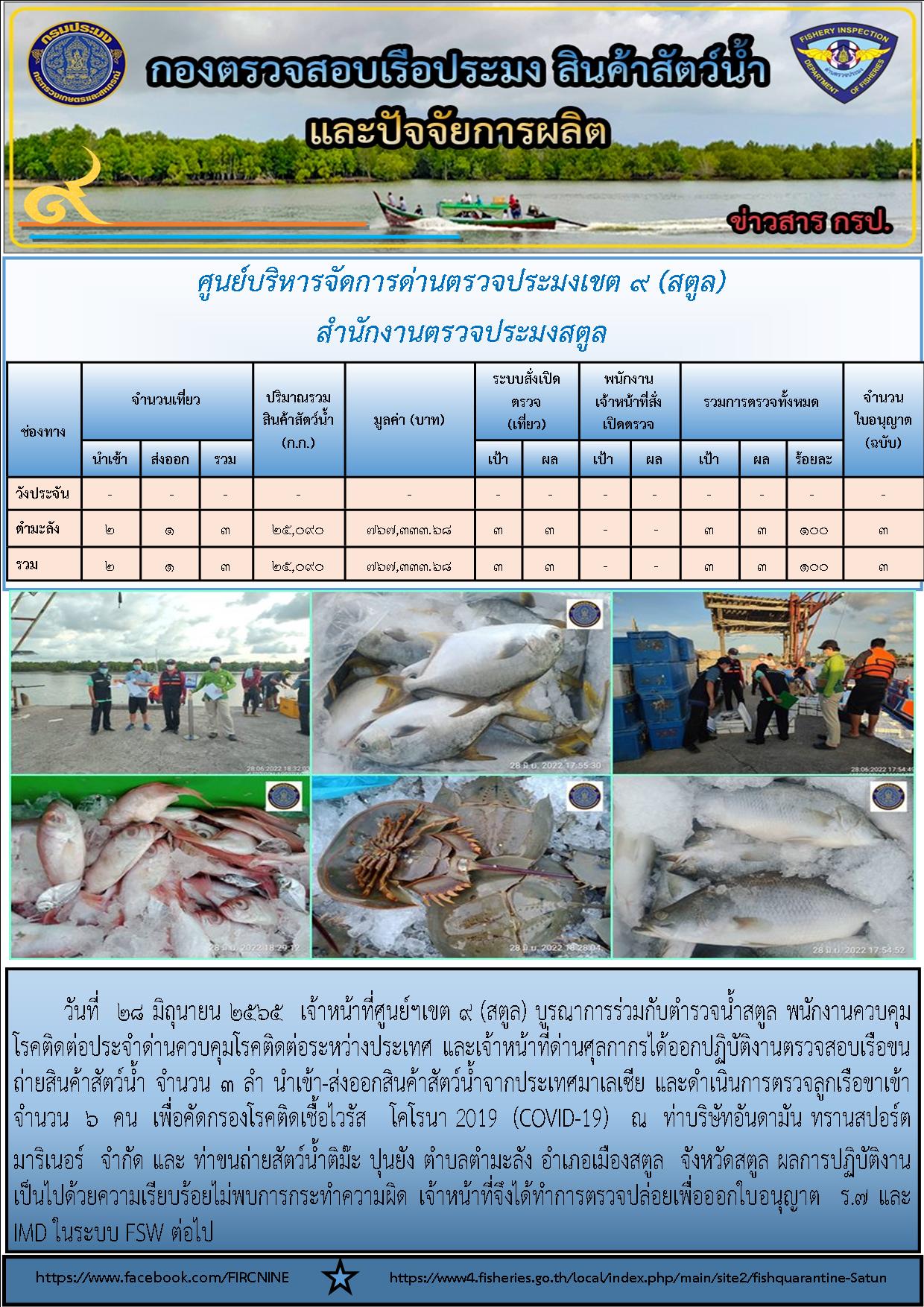 ประชาสัมพันธ์การปฏิบัติงานศูนย์บริหารจัดการด่านตรวจประมงเขต 9(สตูล) ประจำวันที่ 25-30 มิถุนายน 2565..คลิก