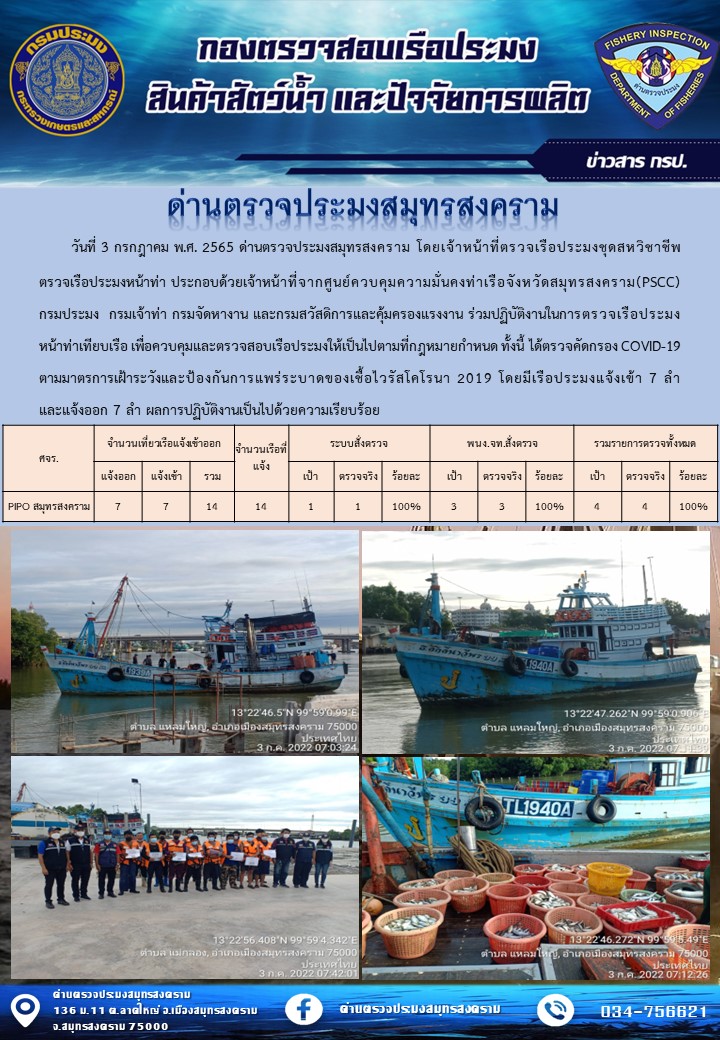 สถิติการแจ้งเข้า - ออกเรือประมงพาณิชย์ ด่านตรวจประมงสมุทรสงคราม ประจำวันที่ 3 กรกฎาคม 2565..คลิก