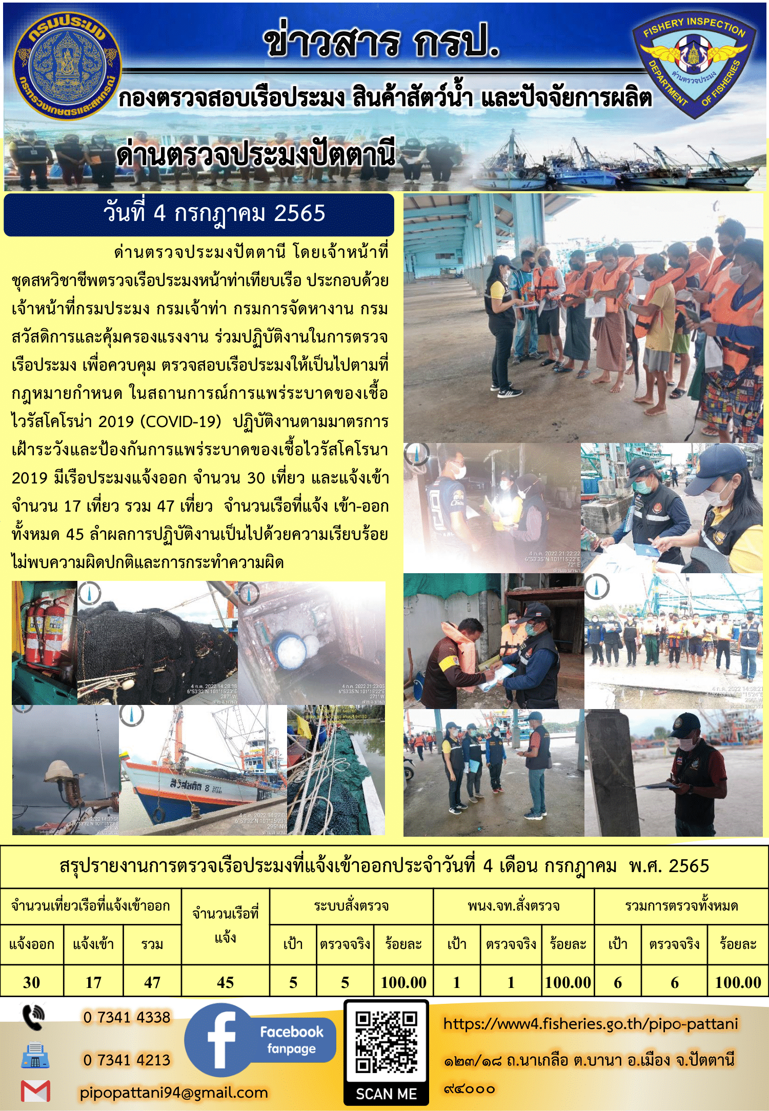 ข่าวสารการปฏิบัติงาน ด่านตรวจประมงปัตตานี 4 ก.ค. 65..คลิก