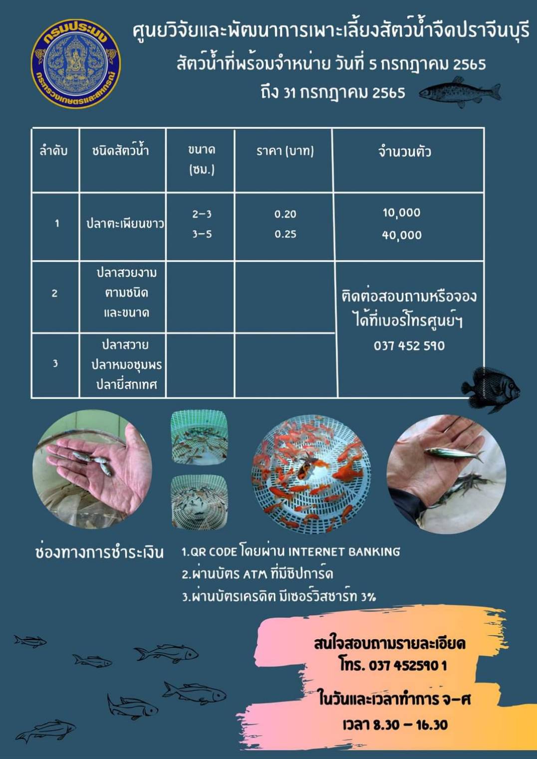 ประชาสัมพันธ์การจำหน่ายลูกพันธ์ปลา ณ ศูนย์วิจัยและพัฒนาการเพาะเลี้ยงสัตว์นำ้จืดปราจีนบุรี..คลิก