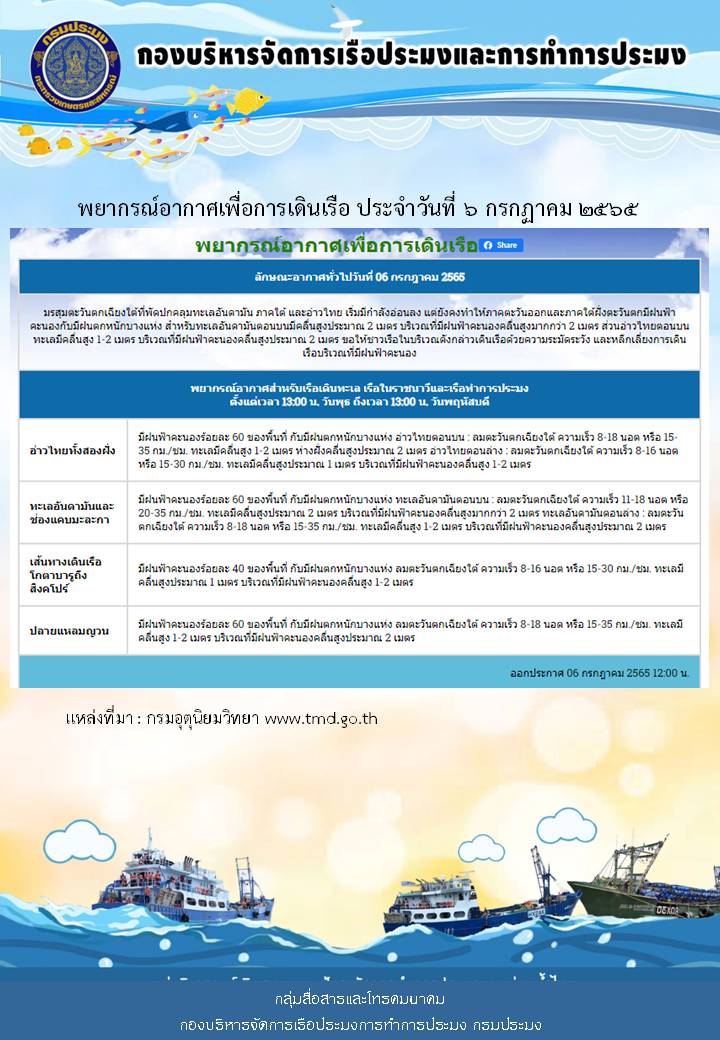 พยากรณ์อากาศเพื่อการเดินเรือ ประจำวันที่ 6 กรกฏาคม 2565..คลิก