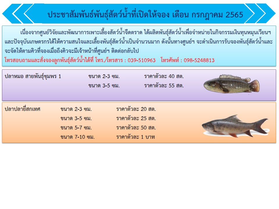 ศูนย์วิจัยและพัฒนาการเพาะเลี้ยงสัตว์น้ำจืดตราด ประชาสัมพันธ์พันธุ์สัตว์น้ำที่เปิดให้จอง เดือน กรกฎาคม 2565