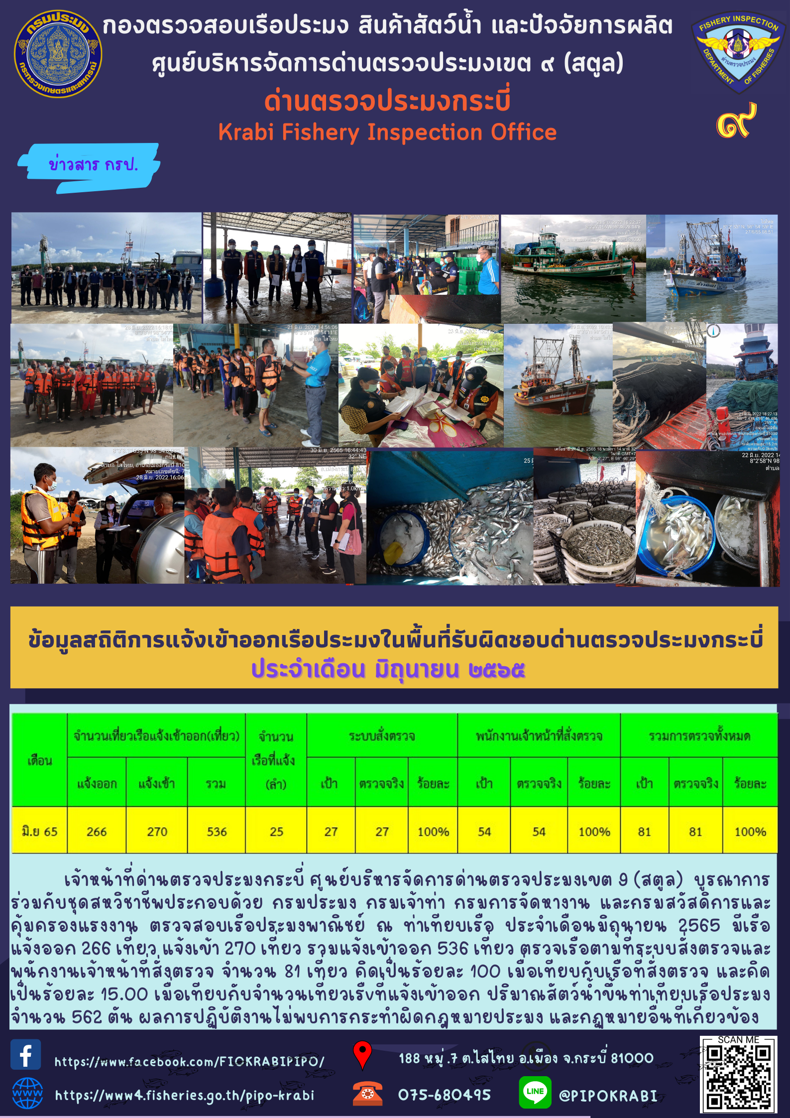 รายงานข้อมูลสถิติการแจ้งเข้าออกเรือประมงในพื้นที่รับผิดชอบ ประจำเดือนมิถุนายน 2565