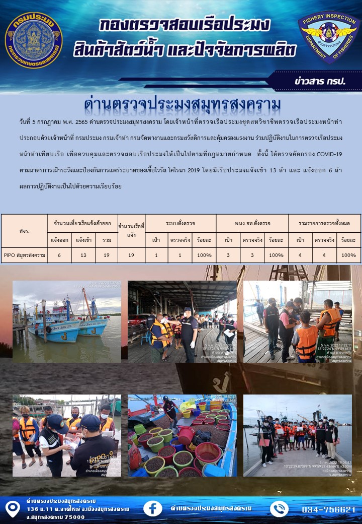 สถิติการแจ้งเข้า - ออกเรือประมงพาณิชย์ ด่านตรวจประมงสมุทรสงคราม ประจำวันที่ 5 กรกฎาคม 2565..คลิก