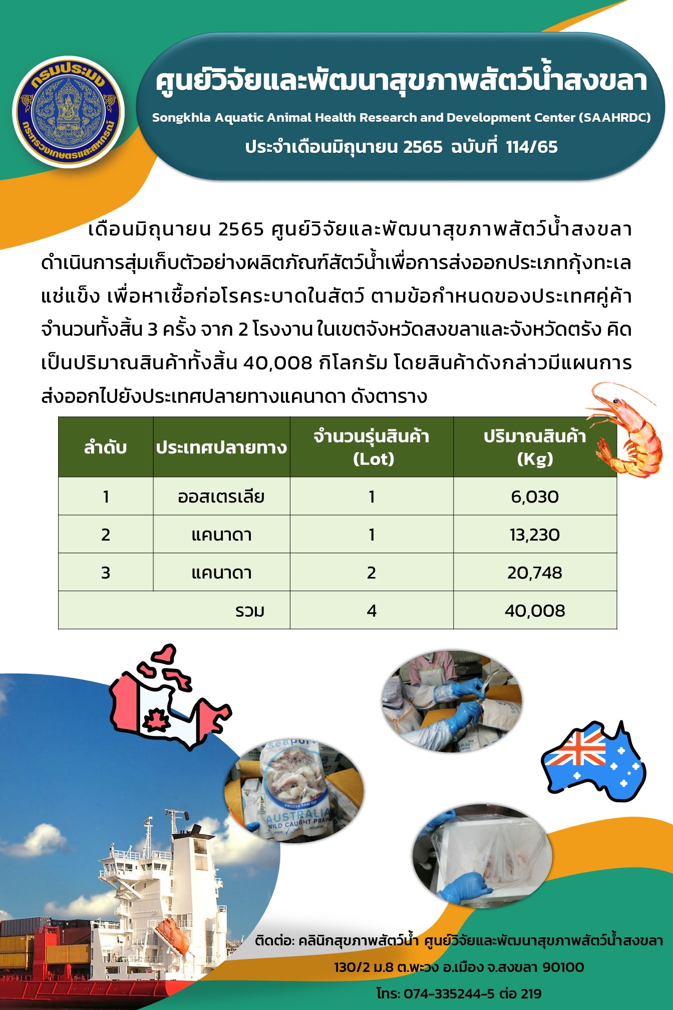 ฉบับที่ 114/65  ศูนย์วิจัยและพัฒนาสุขภาพสัตว์น้ำสงขลา ดำเนินการสุ่มเก็บตัวอย่างผลิตภัณฑ์สัตว์น้ำเพื่อการส่งออกประเภทกุ้งทะเล แช่แข็ง เพื่อหาเชื้อก่อโรคระบาดในสัตว์..คลิก