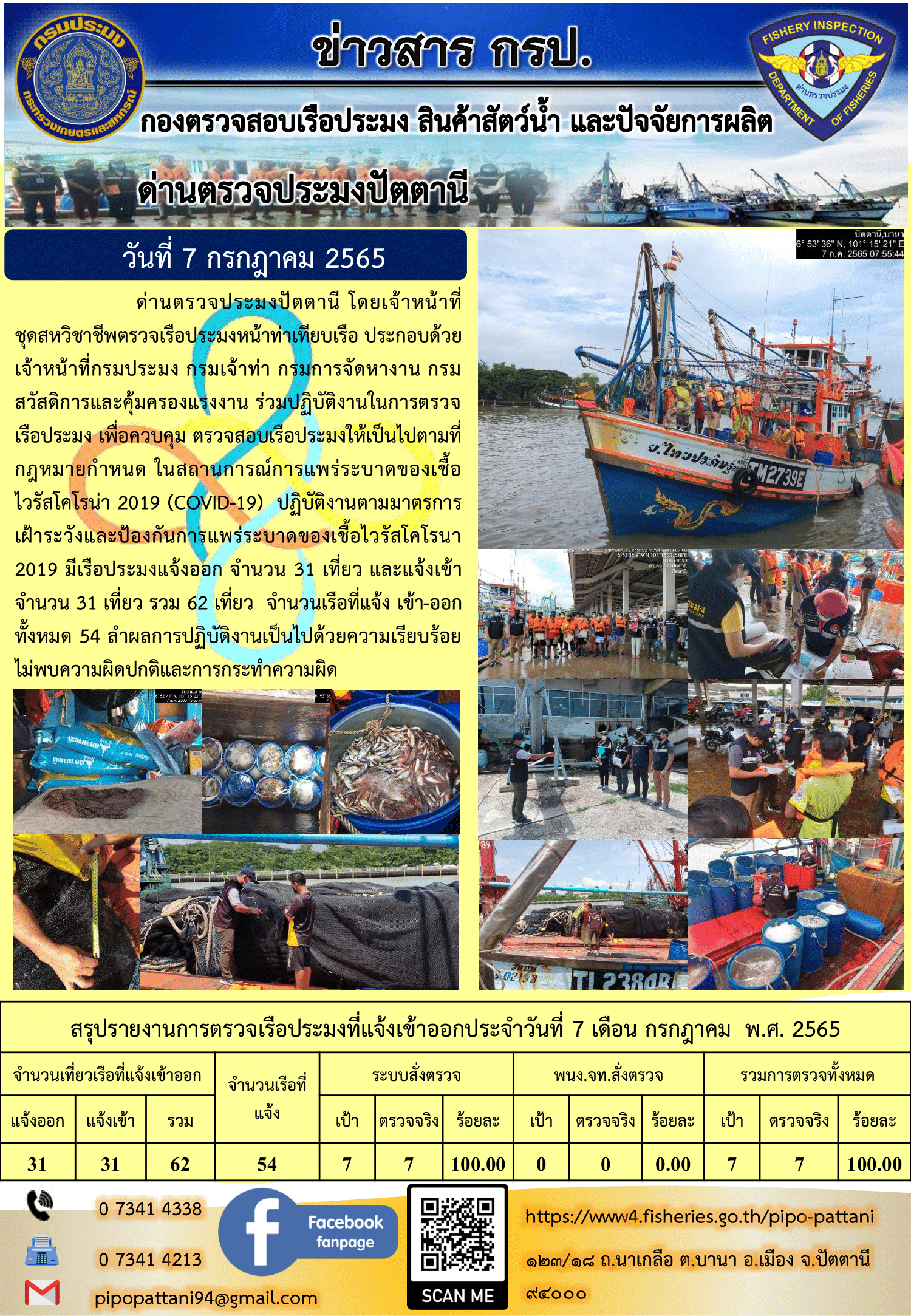 ข่าวสารการปฏิบัติงาน ด่านตรวจประมงปัตตานี 7 ก.ค. 65..คลิก