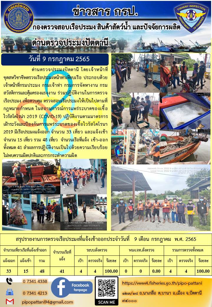 ข่าวสารการปฏิบัติงาน ด่านตรวจประมงปัตตานี 9 ก.ค. 65..คลิก