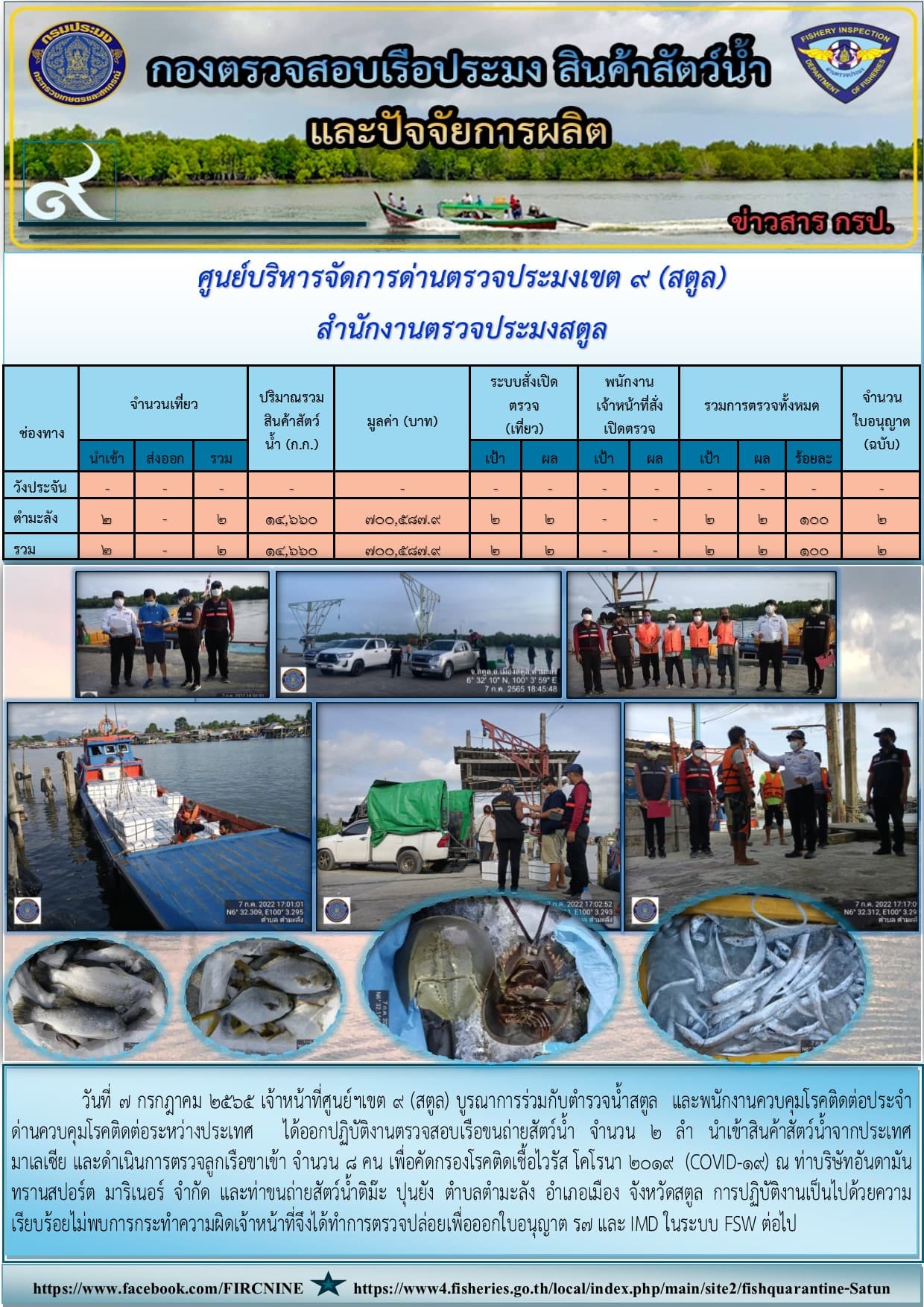 ประชาสัมพันธ์การปฏิบัติงานศูนย์บริหารจัดการด่านตรวจประมงเขต 9(สตูล) ประจำวันที่ 6-8 กรกฎาคม 2565..คลิก