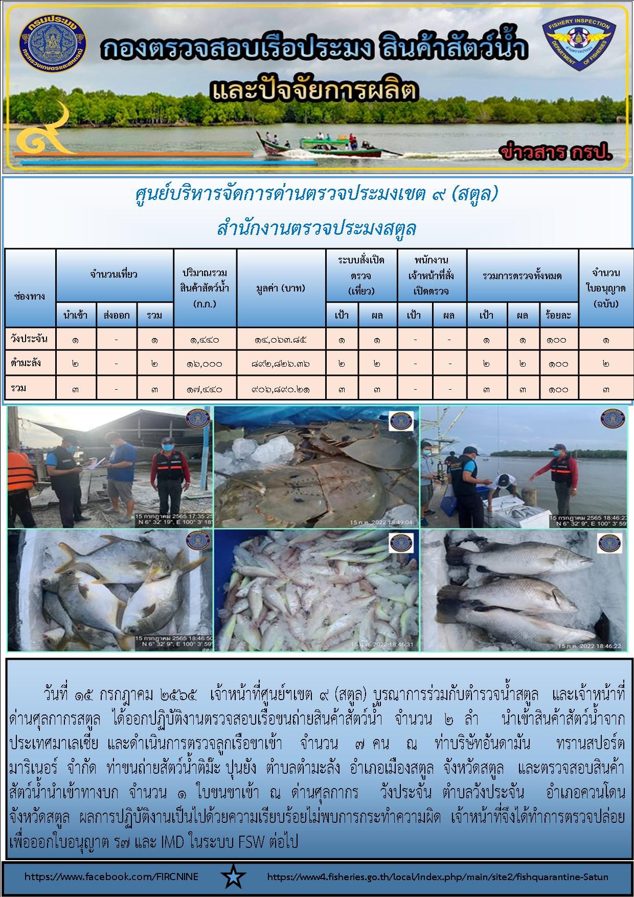 ประชาสัมพันธ์การปฏิบัติงานศูนย์บริหารจัดการด่านตรวจประมงเขต 9 (สตูล) ประจำวันที่  13-15 กรกฎาคม 2565..คลิก