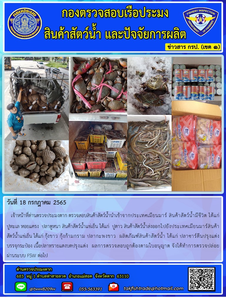 วันที่ 18 กรกฎาคม 2565   เจ้าหน้าที่ด่านตรวจประมงตาก ตรวจสอบสินค้าสัตว์น้ำนำเข้าจากประเทศเมียนมาร์ สินค้าสัตว์น้ำมีชีวิต ได้แก่      ปูทะเล หอยแครง  ปลาตูหนา สินค้าสัตว์น้ำแช่เย็น ได้แก่  ปูดาว สินค้าสัตว์น้ำส่งออกไปยังประเทศเมียนมาร์สินค้าสัตว์น้ำแช่เย็น ได้แก่ กุ้งขาว กุ้งก้ามกราม ปลากะพงขาว  ผลิตภัณฑ์สินค้าสัตว์น้ำ ได้แก่ ปลาซาร์ดีนปรุงแต่ง       บรรจุกระป๋อง เนื้อปลาทรายแดงบดปรุงแต่ง  ผลการตรวจสอบถูกต้องตามใบอนุญาต จึงได้ทำการตรวจปล่อย             ผ่านระบบ FSW ต่อไป..คลิก