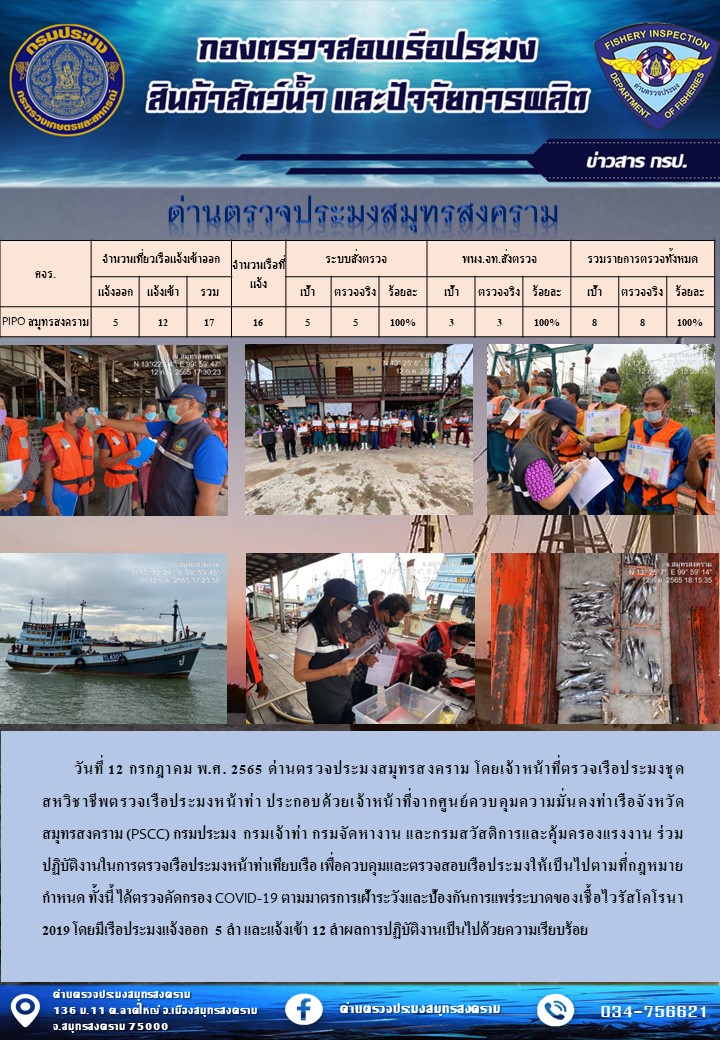 สถิติการแจ้งเข้า - ออกเรือประมงพาณิชย์ ด่านตรวจประมงสมุทรสงคราม ประจำวันที่ 12 กรกฎาคม 2565..คลิก