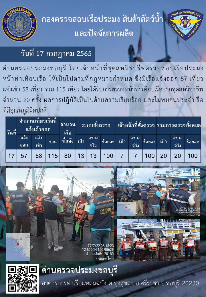 การปฏิบัติงานของเจ้าหน้าที่ด่านตรวจประมงชลบุรีประจำวันที่ 17 กรฏาคม 2565..คลิก