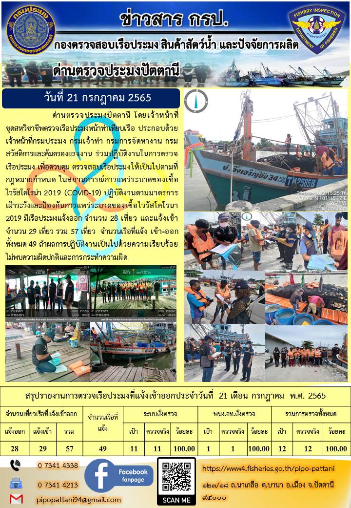 ข่าวสารการปฏิบัติงาน ด่านตรวจประมงปัตตานี 21 ก.ค. 65..คลิก
