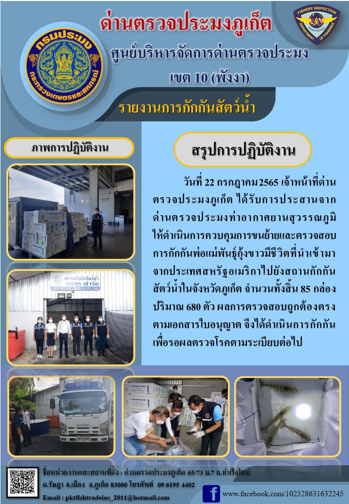 วันที่ 22 กรกฎาคม 2565 เจ้าหน้าที่ด่านตรวจประมงภูเก็ต ได้รับการประสานจากด่านตรวจประมงท่าอากาศยานสุวรรณภูมิให้ดำเนินการควบคุมการขนย้ายและตรวจสอบการกักกันพ่อแม่พันธุ์กุ้งขาวมีชีวิตที่นำเข้ามาจากประเทศสหรัฐอเมริกาไปยังสถานกักกันสัตว์น้ำในจังหวัดภูเก็ต จำนวนทั้งสิ้น 85 กล่อง ปริมาณ 680 ตัว ผลการตรวจสอบถูกต้องตรงตามเอกสารใบอนุญาต จึงได้ดำเนินการกักกันเพื่อรอผลตรวจโรคตามระเบียบต่อไป..คลิก