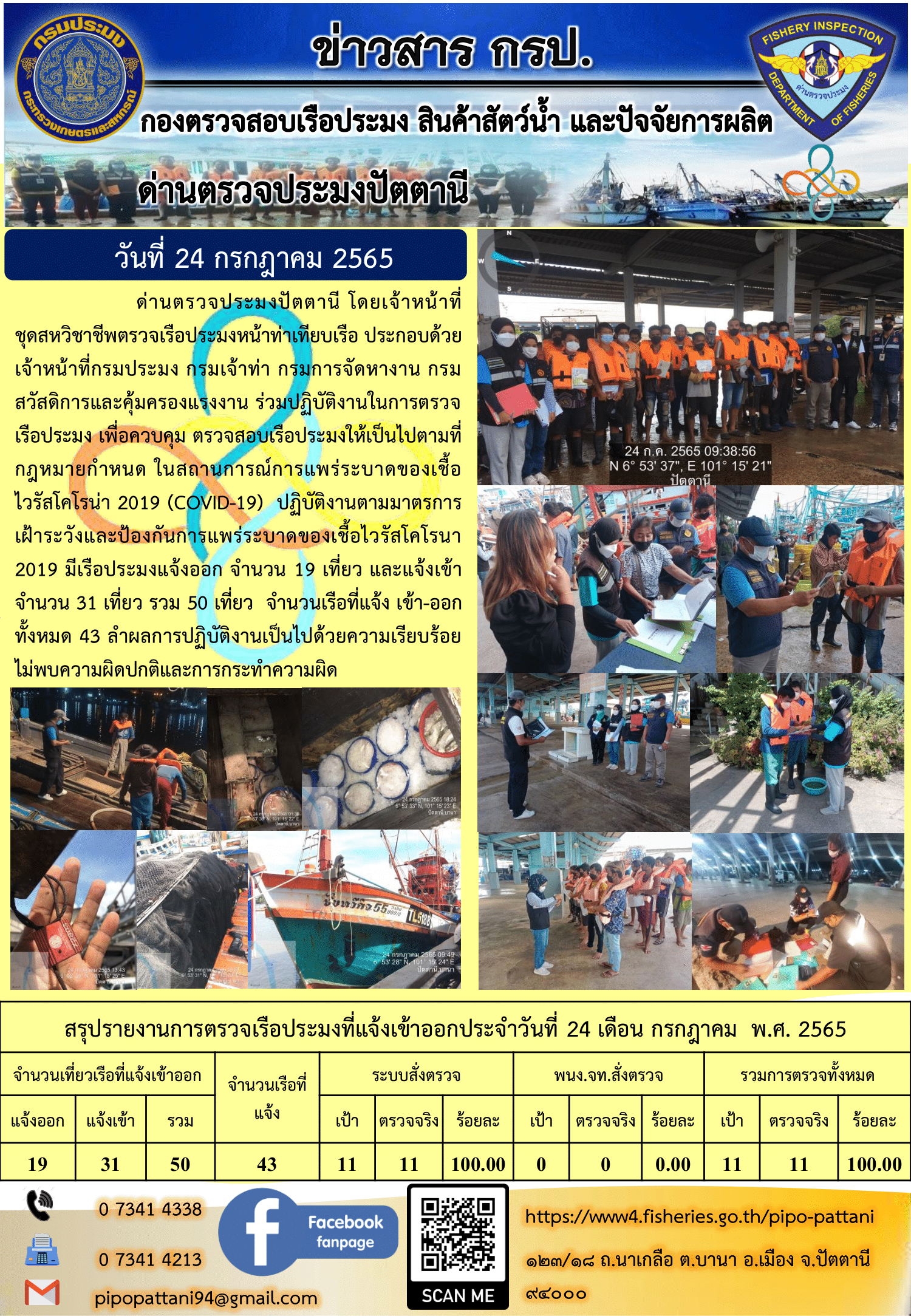 ข่าวสารการปฏิบัติงาน ด่านตรวจประมงปัตตานี 24 ก.ค. 65..คลิก