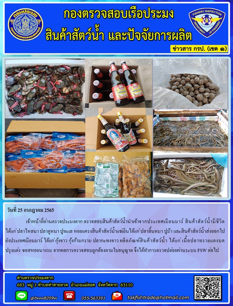 วันที่ 25 กรกฎาคม 2565   	     เจ้าหน้าที่ด่านตรวจประมงตาก ตรวจสอบสินค้าสัตว์น้ำนำเข้าจากประเทศเมียนมาร์ สินค้าสัตว์น้ำมีชีวิต ได้แก่ ปลาไหลนา ปลาตูหนา ปูทะเล หอยแครงสินค้าสัตว์น้ำแช่เย็นได้แก่ ปลาลิ้นหมา ปูม้า และสินค้าสัตว์น้ำส่งออกไปยังประเทศเมียนมาร์ ได้แก่ กุ้งขาว กุ้งก้ามกราม ปลากะพงขาว ผลิตภัณฑ์สินค้าสัตว์น้ำ ได้แก่ เนื้อปลาทรายแดงบดปรุงแต่ง ซอสหอยนางรม จากผลการตรวจสอบถูกต้องตามใบอนุญาต จึงได้ทำการตรวจปล่อยผ่านระบบ FSW ต่อไป..คลิก