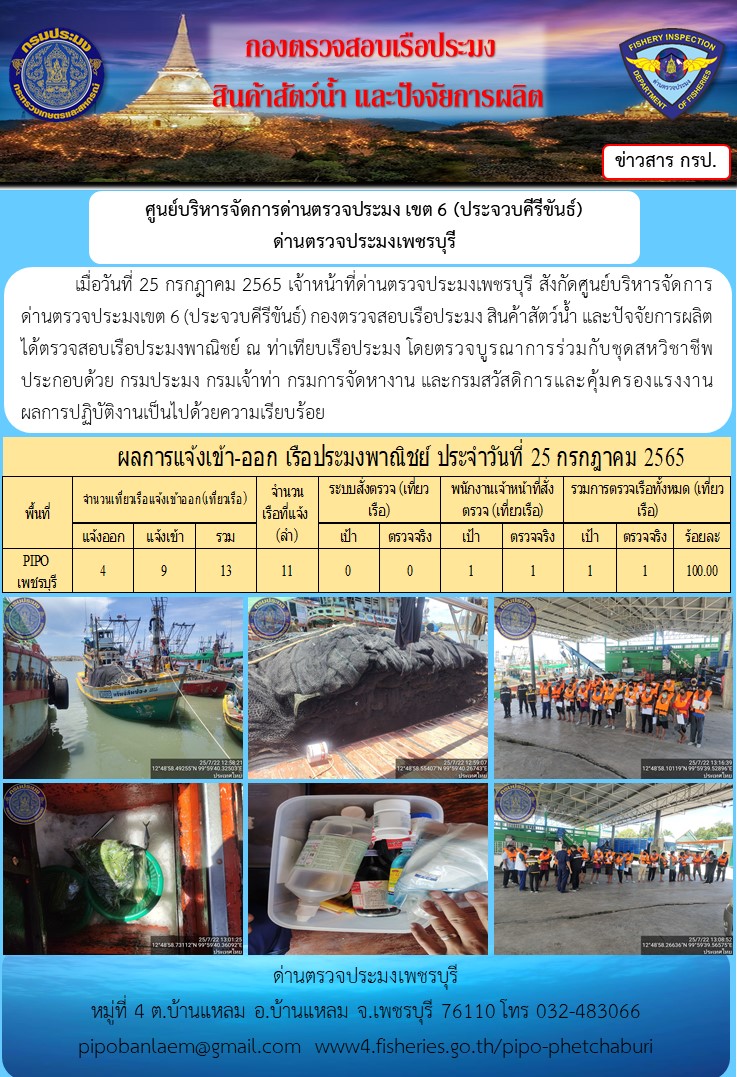 ข่าวประชาสัมพันธ์ ด่านตรวจประมงเพชรบุรี สถิติเรือที่แจ้งเข้า - ออก ประจำวันที่ 25 ก.ค. 2565..คลิก