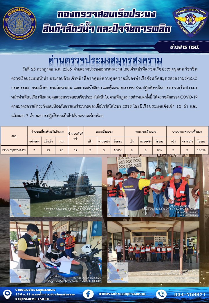 สถิติการแจ้งเข้า - ออกเรือประมงพาณิชย์ ด่านตรวจประมงสมุทรสงคราม ประจำวันที่ 25 กรกฎาคม 2565..คลิก