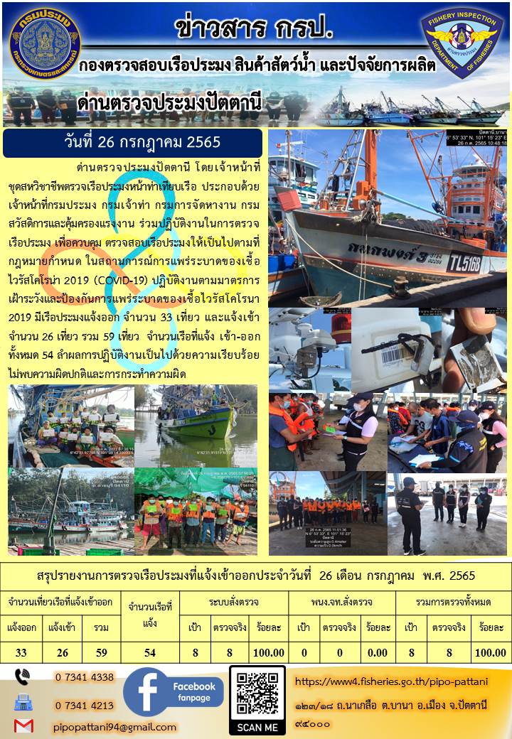 ข่าวสารการปฏิบัติงาน ด่านตรวจประมงปัตตานี 26 ก.ค. 65..คลิก