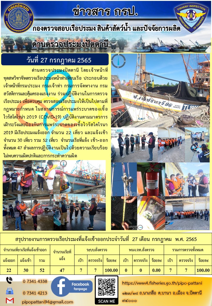 ข่าวสารการปฏิบัติงาน ด่านตรวจประมงปัตตานี 27 ก.ค. 65..คลิก