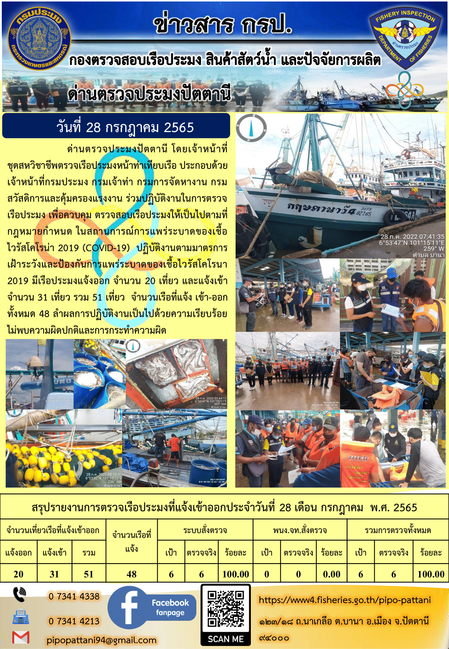 ข่าวสารการปฏิบัติงาน ด่านตรวจประมงปัตตานี 28 ก.ค. 65..คลิก