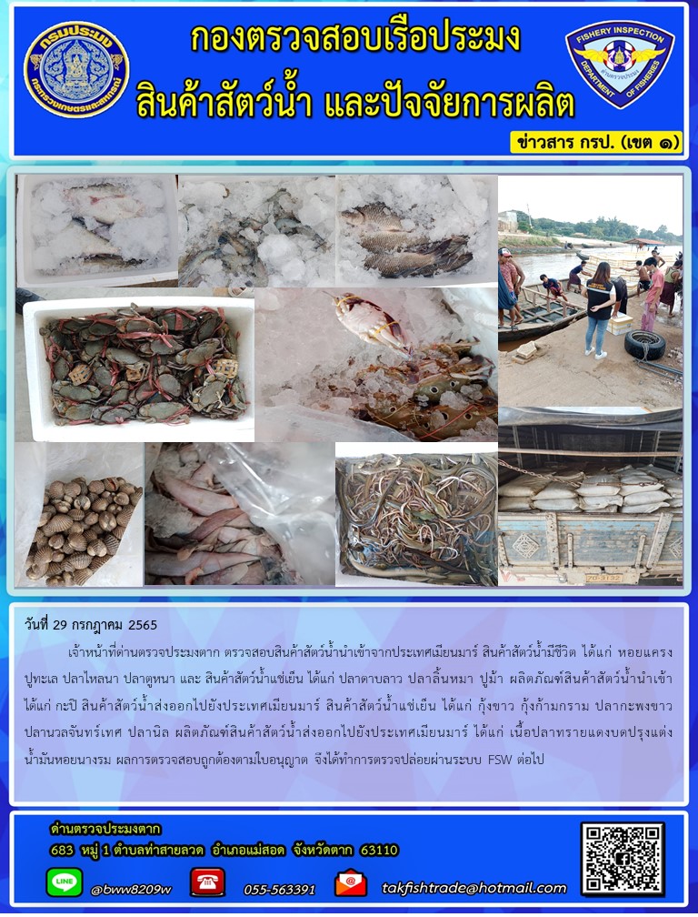 วันที่ 29 กรกฎาคม 2565  	เจ้าหน้าที่ด่านตรวจประมงตาก ตรวจสอบสินค้าสัตว์น้ำนำเข้าจากประเทศเมียนมาร์ สินค้าสัตว์น้ำมีชีวิต ได้แก่ หอยแครงปูทะเล ปลาไหลนา ปลาตูหนา และ สินค้าสัตว์น้ำแช่เย็น ได้แก่ ปลาดาบลาว ปลาลิ้นหมา ปูม้า ผลิตภัณฑ์สินค้าสัตว์น้ำนำเข้า ได้แก่ กะปิ สินค้าสัตว์น้ำส่งออกไปยังประเทศเมียนมาร์ สินค้าสัตว์น้ำแช่เย็น ได้แก่ กุ้งขาว กุ้งก้ามกราม ปลากะพงขาว ปลานวลจันทร์เทศ ปลานิล ผลิตภัณฑ์สินค้าสัตว์น้ำส่งออกไปยังประเทศเมียนมาร์ ได้แก่ เนื้อปลาทรายแดงบดปรุงแต่ง น้ำมันหอยนางรม ผลการตรวจสอบถูกต้องตามใบอนุญาต จึงได้ทำการตรวจปล่อยผ่านระบบ FSW ต่อไป..คลิก