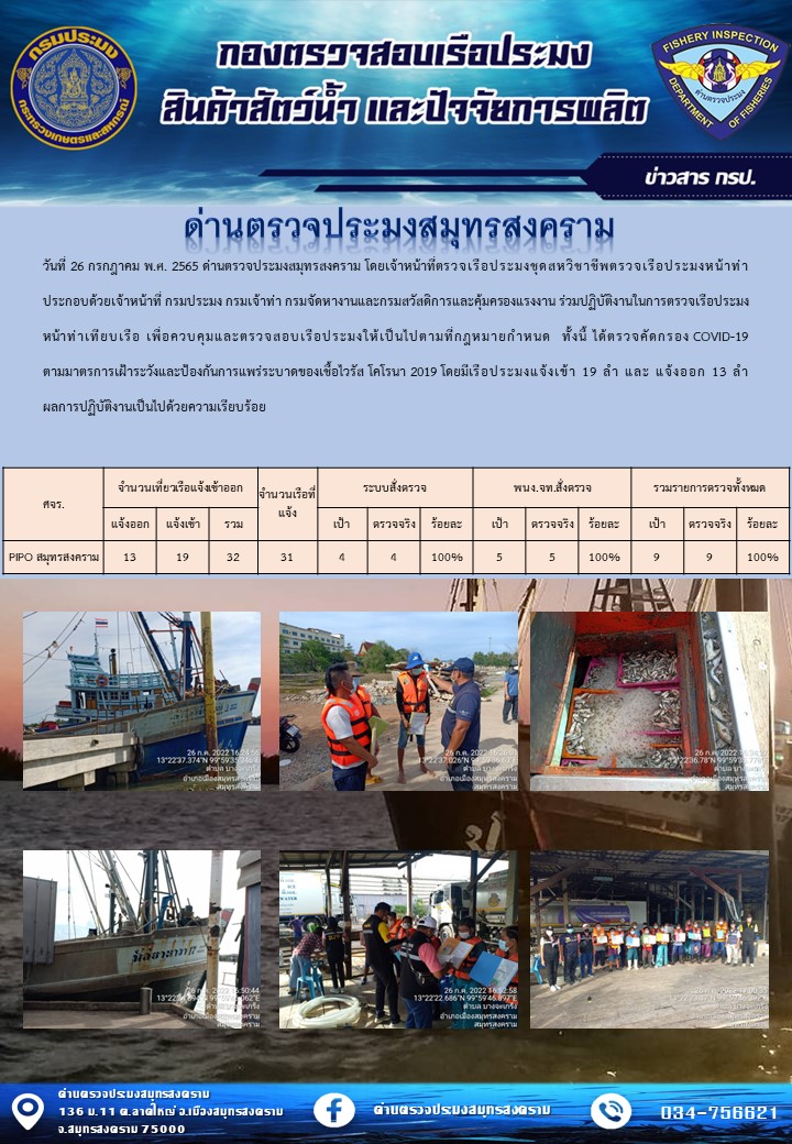 สถิติการแจ้งเข้า - ออกเรือประมงพาณิชย์ ด่านตรวจประมงสมุทรสงคราม ประจำวันที่ 26 กรกฎาคม 2565..คลิก