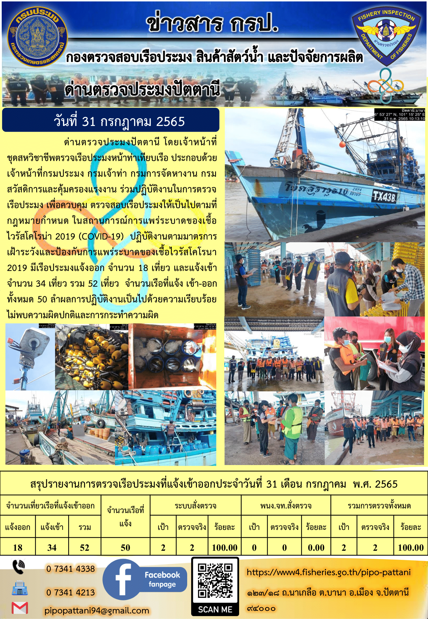 ข่าวสารการปฏิบัติงาน ด่านตรวจประมงปัตตานี 31 ก.ค. 65..คลิก