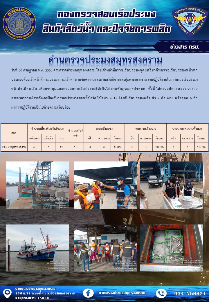 สถิติการแจ้งเข้า - ออกเรือประมงพาณิชย์ ด่านตรวจประมงสมุทรสงคราม ประจำวันที่ 30 กรกฎาคม 2565..คลิก