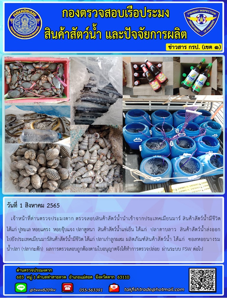 วันที่ 1 สิงหาคม 2565   เจ้าหน้าที่ด่านตรวจประมงตาก ตรวจสอบสินค้าสัตว์น้ำนำเข้าจากประเทศเมียนมาร์ สินค้าสัตว์น้ำมีชีวิต          ได้แก่ ปูทะเล หอยแครง  หอยจุ๊บแจง ปลาตูหนา  สินค้าสัตว์น้ำแช่เย็น ได้แก่  ปลาดาบลาว  สินค้าสัตว์น้ำส่งออก                   ไปยังประเทศเมียนมาร์สินค้าสัตว์น้ำมีชีวิต ได้แก่ ปลาเก๋าลูกผสม ผลิตภัณฑ์สินค้าสัตว์น้ำ ได้แก่  ซอสหอยนางรม น้ำปลา (ปลากะตัก)  ผลการตรวจสอบถูกต้องตามใบอนุญาตจึงได้ทำการตรวจปล่อย ผ่านระบบ FSW ต่อไป