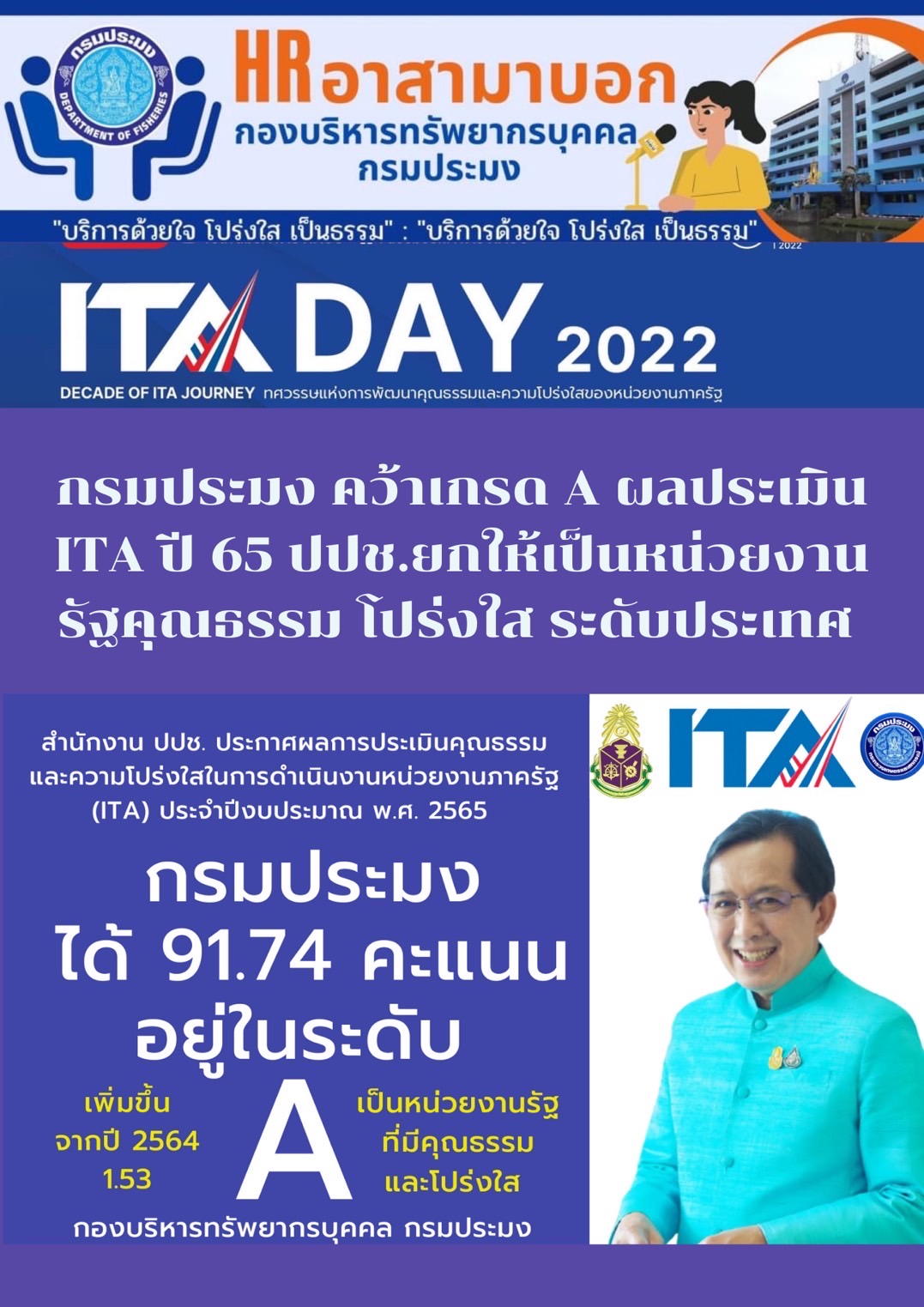 กรมประมงคว้าเกรด A ผลประเมิน ITA ปี 65 ปปช. ยกให้เป็นหน่วยงานรัฐคุณธรรม โปร่งใส ระดับประเทศ..คลิก