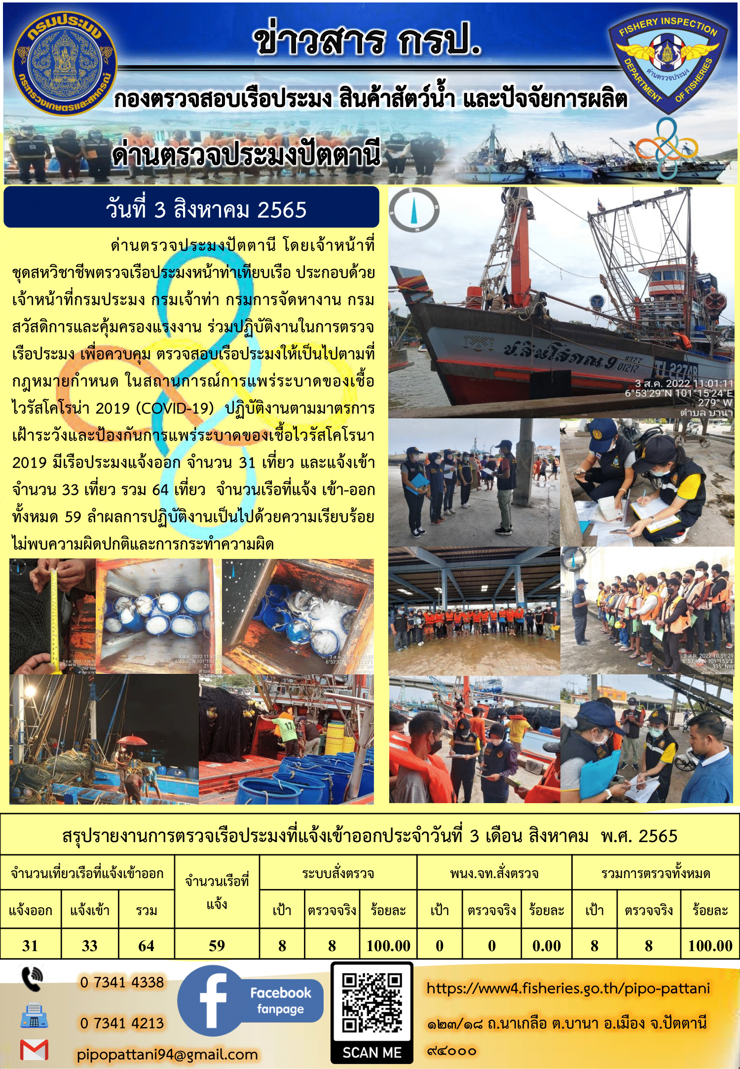 ข่าวสารการปฏิบัติงาน ด่านตรวจประมงปัตตานี 3 ส.ค. 65..คลิก