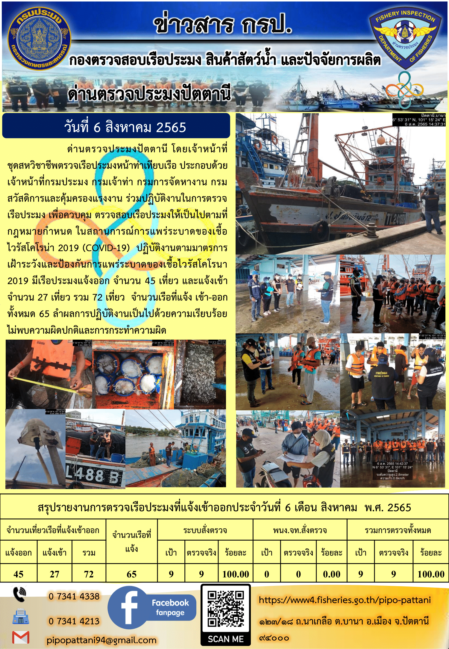 ข่าวสารการปฏิบัติงาน ด่านตรวจประมงปัตตานี 6 ส.ค. 65..คลิก