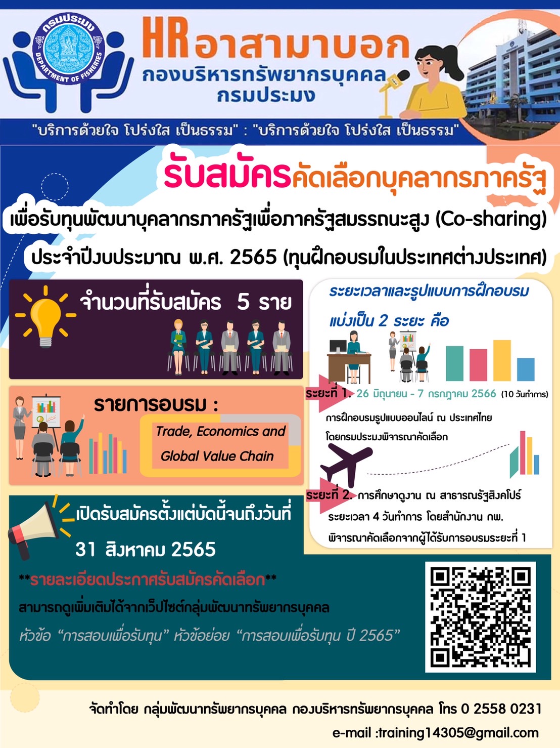 รับสมัครคัดเลือกบุคลากรภาครัฐเพื่อรับทุนพัฒนาบุคลากรภาครัฐเพื่อภาครัฐสมรรถนะ (Co-sharing) ประจำปีงบประมาณ พ.ศ. 2565 (ทุนฝึกอบรมในประเทศต่างประเทศ)