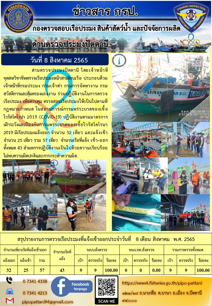 ข่าวสารการปฏิบัติงาน ด่านตรวจประมงปัตตานี 8 ส.ค. 65..คลิก