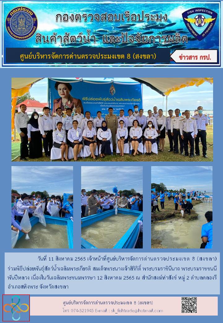 วันที่ 11 สิงหาคม 2565 เจ้าหน้าที่ศูนย์บริหารจัดการด่านตรวจประมงเขต 8 (สงขลา) ร่วมพิธีปล่อยพันธุ์สัตว์น้ำเฉลิมพระเกียรติ สมเด็จพระนางเจ้าสิริกิติ์ พระบรมราชินีนาถ พระบรมราชชนนีพันปีหลวง เนื่องในวันเฉลิมพระชนมพรรษา 12 สิงหาคม 2565 ณ สำนักสงฆ์ท่าสังข์ หมู่ 2 ตำบลคลองรี อำเภอสทิงพระ จังหวัดสงขลา..คลิก