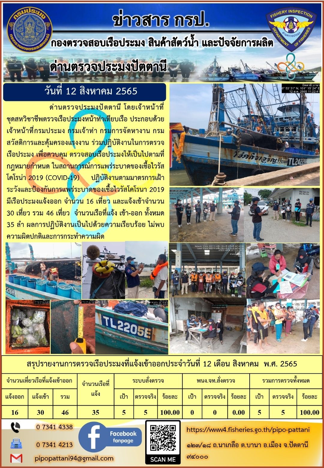 ข่าวสารการปฏิบัติงาน ด่านตรวจประมงปัตตานี 12 ส.ค. 65..คลิก