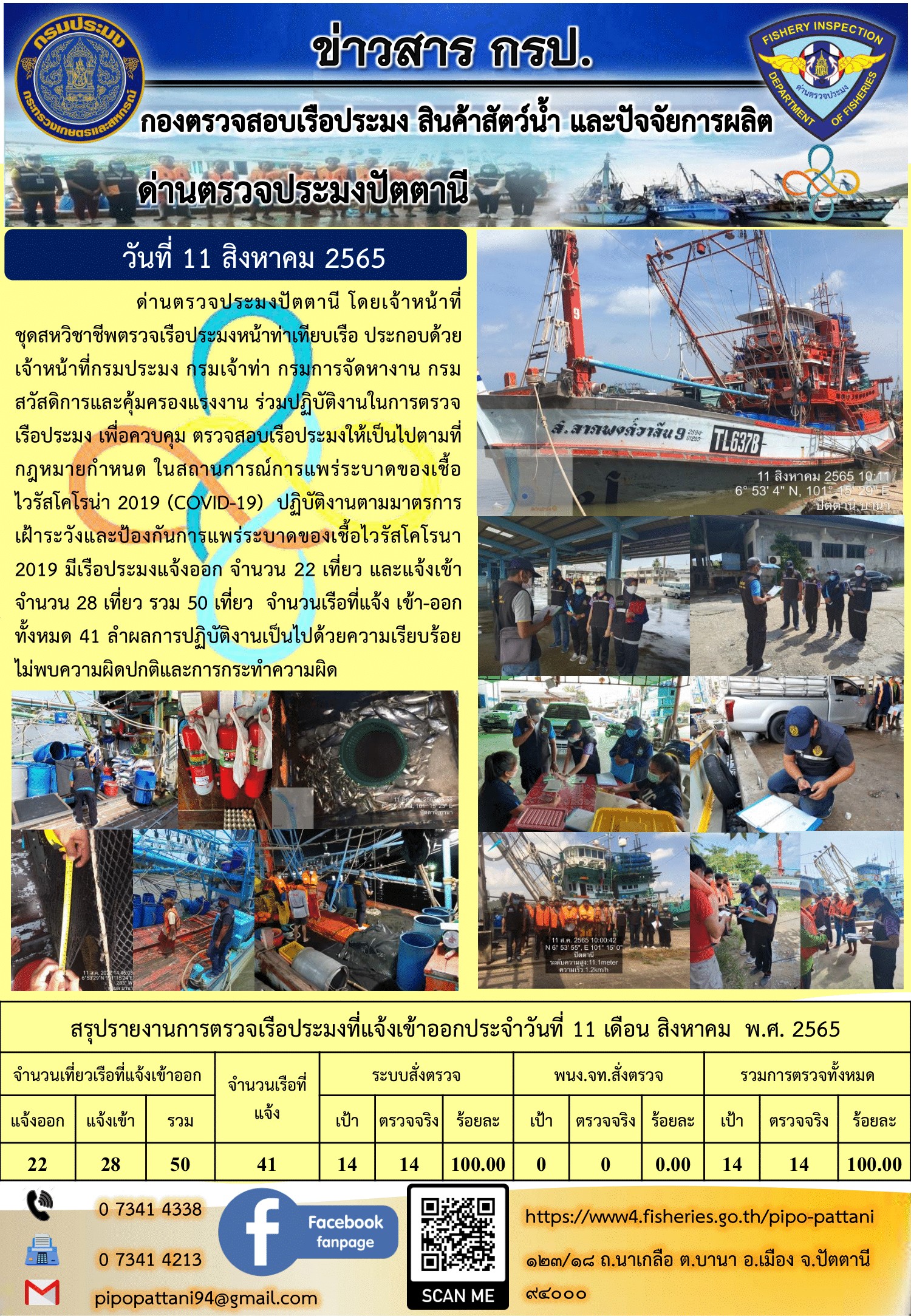 ข่าวสารการปฏิบัติงาน ด่านตรวจประมงปัตตานี 11 ส.ค. 65..คลิก
