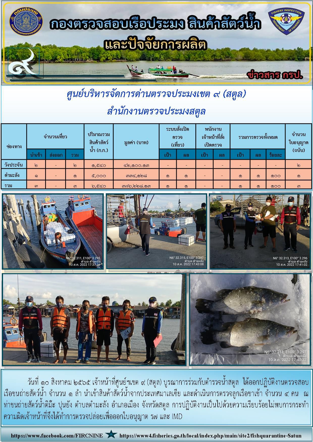 ประชาสัมพันธ์การปฏิบัติงานศูนย์บริหารจัดการด่านตรวจประมงเขต 9(สตูล) ประจำวันที่ 6-10 สิงหาคม 2565..คลิก