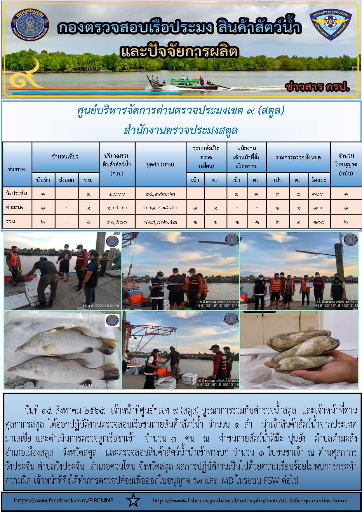 ประชาสัมพันธ์การปฏิบัติงานศูนย์บริหารจัดการด่านตรวจประมงเขต 9 (สตูล) ประจำวันที่ 11-15 สิงหาคม 2565..คลิก