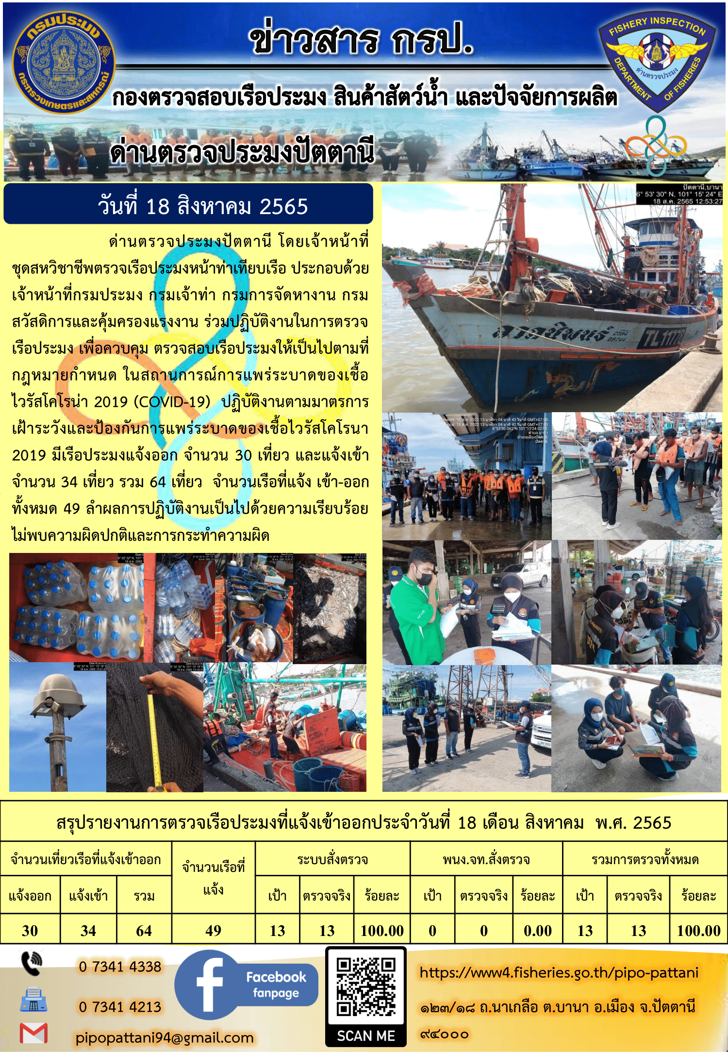 ข่าวสารการปฏิบัติงาน ด่านตรวจประมงปัตตานี 18 ส.ค. 65..คลิก