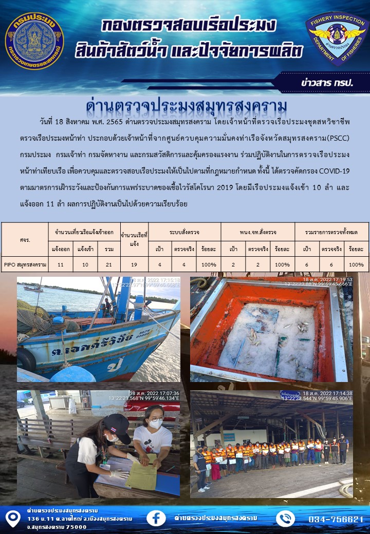 สถิติการแจ้งเข้า - ออกเรือประมงพาณิชย์ ด่านตรวจประมงสมุทรสงคราม ประจำวันที่ 18 สิงหาคม 2565..คลิก