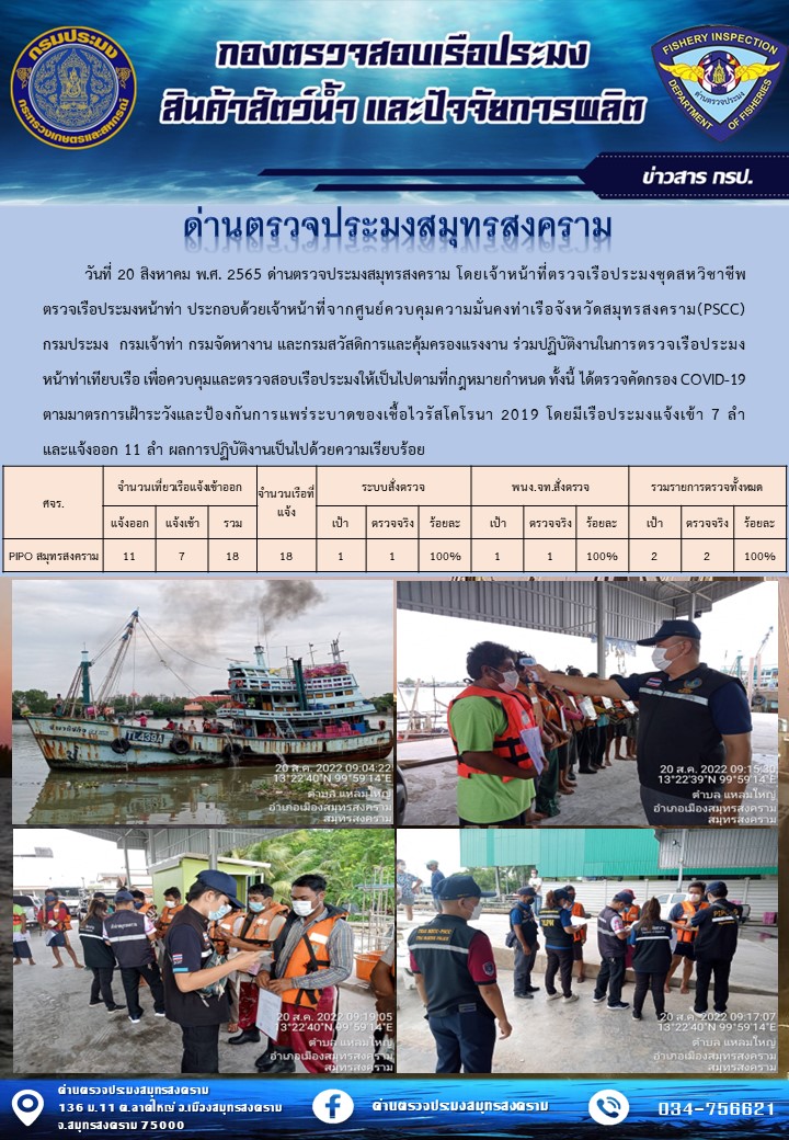 สถิติการแจ้งเข้า - ออกเรือประมงพาณิชย์ ด่านตรวจประมงสมุทรสงคราม ประจำวันที่ 20 สิงหาคม 2565..คลิก