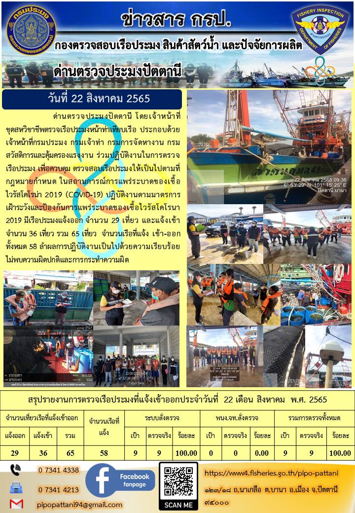 ข่าวสารการปฏิบัติงาน ด่านตรวจประมงปัตตานี 22 ส.ค. 65..คลิก
