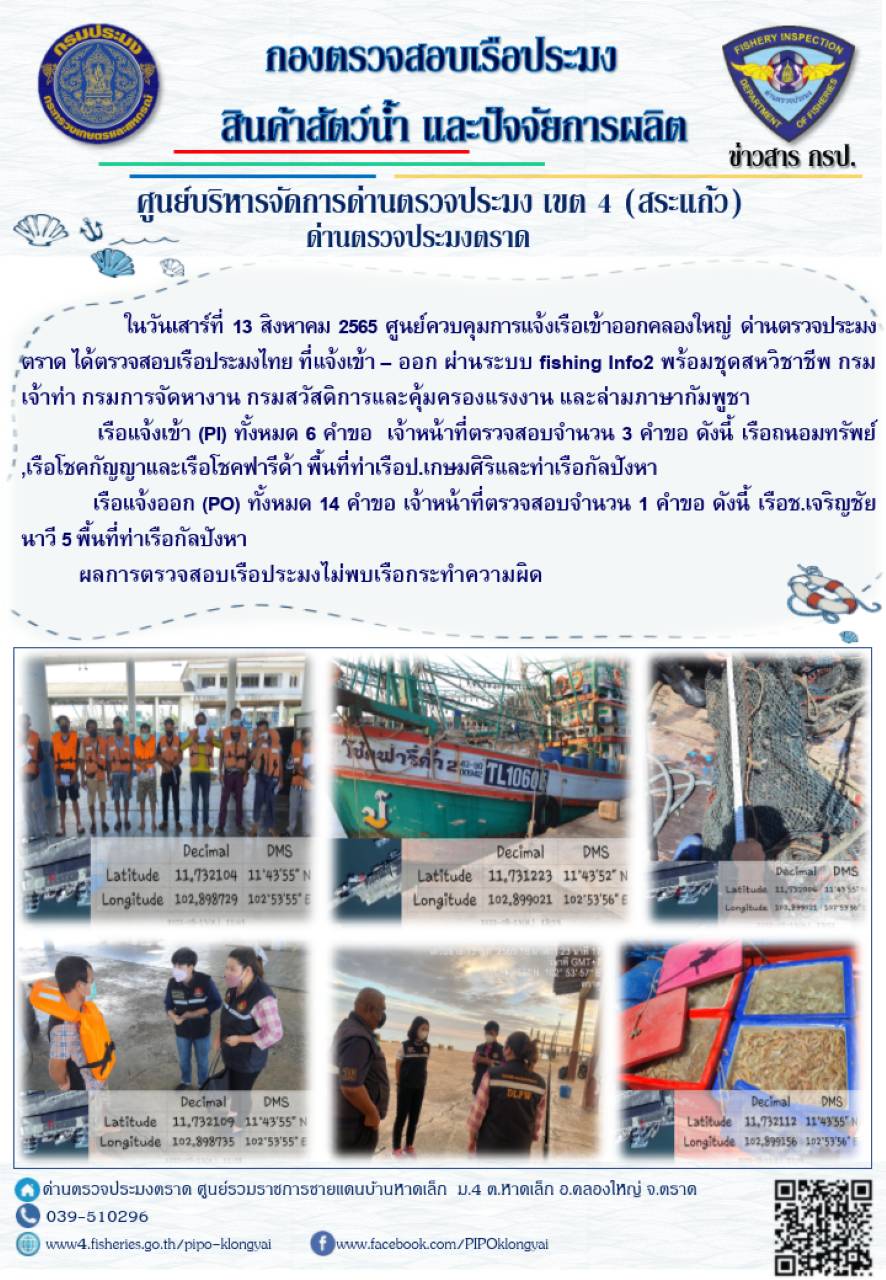 ผลการปฏิบัติงานประจำวันที่ 13 สิงหาคม 2565..คลิก