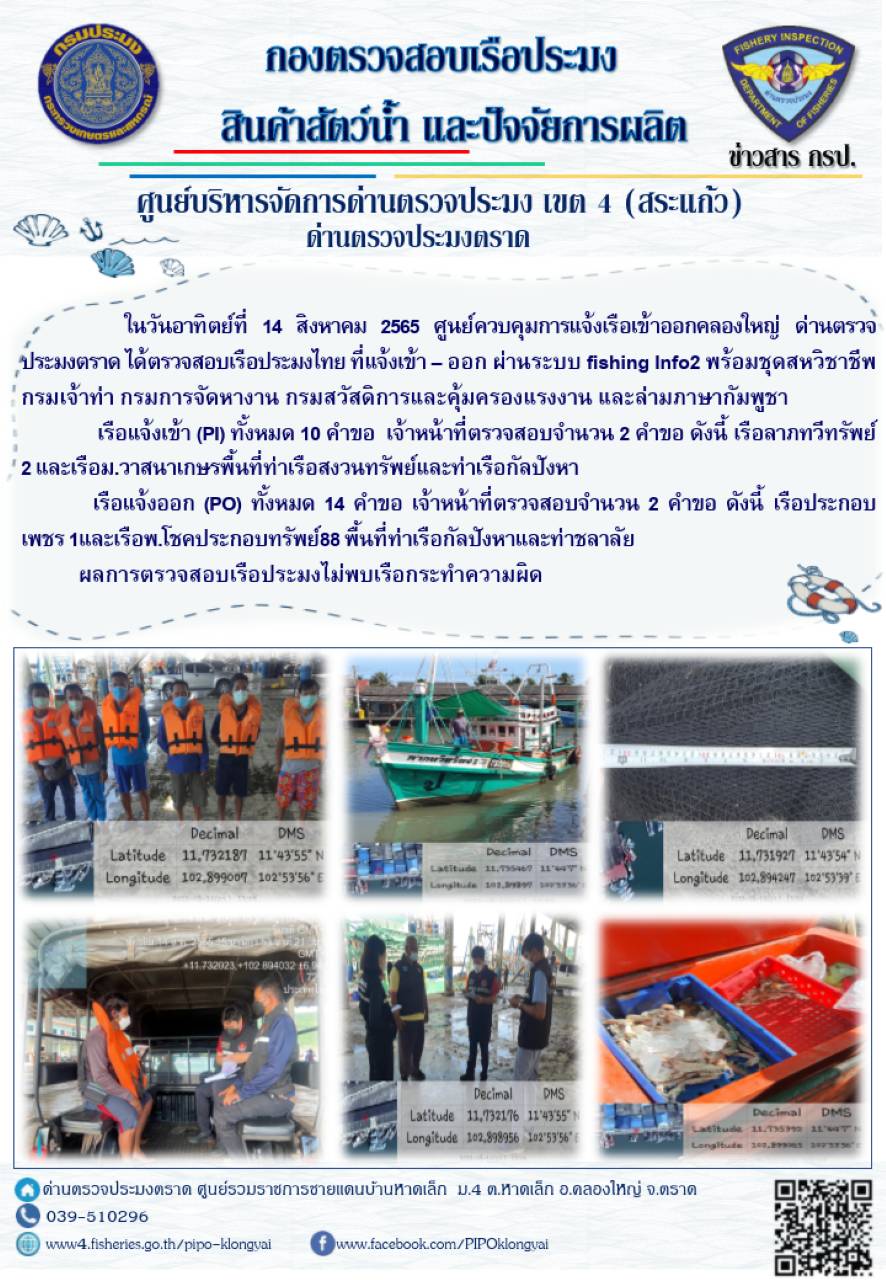 ผลการปฏิบัติงานประจำวันที่ 14 สิงหาคม 2565..คลิก