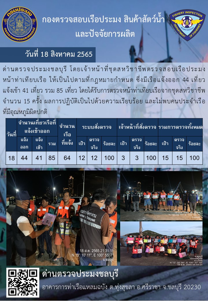 การปฏิบัติงานของเจ้าหน้าที่ด่านตรวจประมงชลบุรีประจำวันที่ 18 สิงหาคม 2565..คลิก