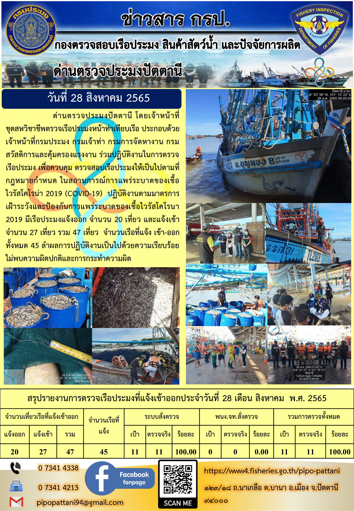 ข่าวสารการปฏิบัติงาน ด่านตรวจประมงปัตตานี 28 ส.ค. 65..คลิก